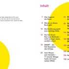 Inhaltsverzeichnis mit farbigen Akzenten: Themen wie "Kickstart Frühstück" und "Gesunde Desserts" auf gelbem Hintergrund.