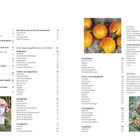 Die linke Seite listet Inhaltsverzeichnispunkte zu alten Gemüsesorten und Selbstanbau. Rechts sind gelbe Tomaten und lila Blüten.