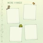 "MEINE FAMILIE" in grüner Schrift, vier leere Felder mit einer Maus, Vogel und Frosch auf deren Rändern. Links sind kleine Symbole.