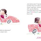 Texte: „Fertig!“, „Anderswo“, „Eins… Zwei…“. Illustration: Mädchen im roten Auto, Junge steigt ein, bunte Kreide am Boden.