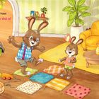 "Das ist Familie Osterhase. Zähl mal nach. Wie viele sind es?" Fröhliche Hasenfamilie in einem gemütlichen Wohnzimmer.