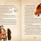 Ein Junge hält zwei Umhänge. Rechts ist ein orangefarbener, lächelnder Drache zu sehen. Seite 13 in einem Buch.