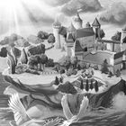 Illustration einer sonnenbeschienenen Burg über einer Klippe, zwei Vögel fliegen über das Meer, umgeben von Bäumen.