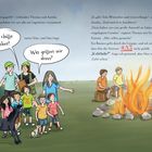 Text: „Heute wird gegrillt!“ „Ich chille lieber!“ „Was grillen wir denn?“ Illustration: Kinder, Lagerfeuer, Tiere.