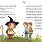 "Petronella hatte die ganze Zeit geschwiegen..." Zwei Kinder stehen mit besorgten Gesichtern da. Links eine Hexe mit einem großen Hut, die auf den Boden zeigt. Im Vordergrund sind Tomatenpflanzen und Furchen in der Erde zu sehen. Ein Vogel und ein Insekt sind über der Hexe, ein Kaninchen mit Blumen rechts. Illustrativer Stil.