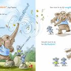 Texte: "Und? Seid ihr wieder fröhlich?", "Erst müsst ihr die Wut ganz fest aus euch herauströten!", "wegstampfen", "abschütteln!"

Illustration: Ein großer Elefant zeigt zwei kleinen Elefanten, wie man Wut loswird, indem er seine Energie nutzt. Grüne Umgebung.