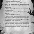 Text beschreibt eine Szene auf einem Schiff bei Nacht im Nebel. Illustration mit dunklen Formen und Wasserwirbel.