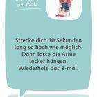 "Bewegung am Platz. Strecke dich 10 Sekunden lang so hoch wie möglich. Dann lasse die Arme locker hängen. Wiederhole das 3-mal. Einzelarbeit." Illustration: Ein Kind sitzt auf einem Stuhl.