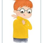 Eine Illustration eines Kindes mit Brille und rotem Haar, trägt gelben Pullover und niest in die Armbeuge.