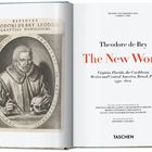 Text: "Theodore de Bry, The New World, Virginia, Florida, the Caribbean, Mexico and Central America, Brazil, Peru, 1590–1602". Illustration eines Mannes mit Totenkopf.