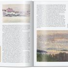 Zwei Gemälde, oben "Cityscape", unten "Seascape with Sunset", flankieren einen Text über Kunst.