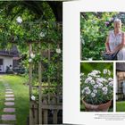 "CLOVER COTTAGE 93. Das Bild zeigt einen Garten mit Rosenbogen, ein Häuschen, eine Frau, Topfblumen und einen Hund."