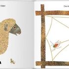 Links steht: „Da kommt das Schaf und sagt: Bäh! Bäh! Gehst du mit mir auf die Wiese?“ Rechts: „Die kleine Spinne spinnt und schweigt.“ Links: ein Schaf, rechts: ein Spinnennetz mit Spinne.