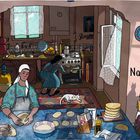 Text: "Der Nahe Osten". 

Eine gemütliche Küche mit Menschen, die Teig zubereiten. Ein Kind sitzt auf einem Stuhl, eine Katze liegt am Boden.