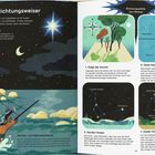 "Himmlische Richtungsweiser" erklärt Navigation durch Sonne und Sterne mit Illustrationen von Himmelskörpern und einem Segelschiff.