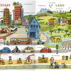 Illustration einer Stadt links und Landschaft rechts. Texte zeigen Begriffe wie "Stadt", "Land", "das Kino", "der Zug".