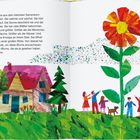 Links steht ein Text über den Sommer und eine riesige Blume. Rechts sieht man bunte Figuren, ein Haus und die große Blume.