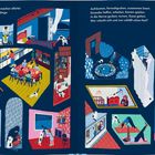 Illustration: "Menschen machen allerlei Menschendinge. Aufräumen, fernsehgucken, zusammen lesen." Verschiedene Alltagsszenen.