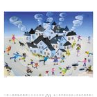 Monatskalender Januar; Illustration: Eine winterliche Szene mit Menschen, die auf einem gefrorenen Teich Schlittschuh laufen.