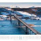 "Brücke zwischen den Festland und Inseln Hinnøya und Tjeldøya - Norwegen. Januar-Kalender mit Winterlandschaft und Bergen."