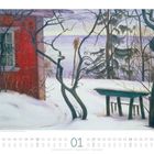 Januar-Kalenderblatt mit Gemälde: Winterlandschaft, rotes Haus, schneebedeckte Bäume und Bank. Datumsskala unten.