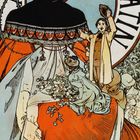 Text: "Quartier Latin." Illustration einer eleganten Frau mit Hut und Mantel, umgeben von blumigen und lebhaften Szenen.