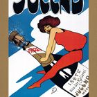 Text: JUGEND, PROST. Jahreszahl: 1897. Illustration: Frau in Rot auf Champagnerflasche, Korken knallt heraus, blau-weißer Hintergrund.