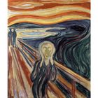 Text: 01, JAN 2016, MON TAG MON. Illustration: Schreiende Person auf Brücke, welliger Himmel in Orange und Blau.