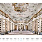 Es steht "Bibliothek der Abtei Ottobeuren - Deutschland". Eine prunkvolle Bibliothek mit verzierten Decken, Statuen und Säulen.