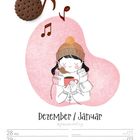Dezember/Januar. Kalender, Illustration: Mädchen mit Mütze trinkt heißen Kakao, Noten und Keks als Musiknote oben links.