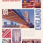 Große Worte "LONDON" und "ENGLAND". Fotos: Big Ben, Tower Bridge, rote Telefonzelle, farbige Häuser, Kathedrale, Parade.