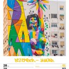 Text: Dezember – Januar. Illustration: Bunte Wandmalerei einer Frau mit Stern, geometrische Formen und Pflanzenmuster.