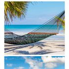 Kalender mit Januar-Daten. Szene: Palmen, Strand, Hängematte, Wasserbungalows vor tropischen Bergen.