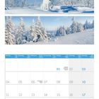 Kalender für Januar 2027. Winterlandschaft mit Schnee, Bäumen, Schnee-Eule. Montag bis Sonntag in mehreren Sprachen.
