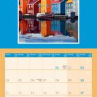 NORWAY. Kalender für Januar 2027. Illustrative bunte Häuser am Wasser, blauer Himmel mit Wolken.