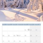 Kalenderseite Januar 2027: Feiertage Neujahr, Heilige Drei Könige, Martin Luther King Day. Verschneite Bäume im Sonnenlicht.