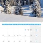 Kalender für Januar 2027 auf Deutsch und Englisch. Oben verschneites Bergpanorama mit Tannen unter klarem blauen Himmel.