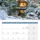 Datum: 2027. Kalenderseite zeigt Januar. Oben schneebedecktes Gartenhaus und Teich in winterlicher Landschaft.