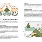 "Glücklich und gesund. 1. Gute Gewohnheiten entwickeln. 2. Achtsam sein. 3. Bewegen. 4. Perfektion sausen lassen."

Illustration: Links sitzende Person im Meditationssitz mit Blumen, rechts Frau mit Buch vor Fenster.