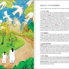 BACK TO THE BEGINNING  
1. Live like a child  
2. Ask questions  
3. Practise meditation  
4. Listen closely  

Illustration: Zwei Personen gehen Hand in Hand auf einem Weg, umgeben von Bäumen und fliegenden Vögeln.