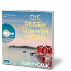 „Die Regen Schwimmerin“, Argon Hörbuch, Tessa Mittelstaedt liest, Romy Fölck. Malerische Küstenansicht mit roten Häusern.