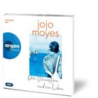 Text: "Luise Helm liest", "jojo moyes", "Drei Schwestern und ein Leben", "argon hörbuch". Illustration: Frau schaut aufs Meer.