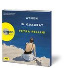 "Atmen im Quadrat, Petra Pellini, argon hörbuch" steht auf einem Hörbuch-Cover. Eine Person sitzt am Strand.