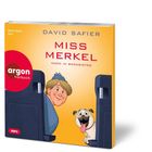 Text: "David Safier", "Miss Merkel", "Mord im Bordbistro", "argon hörbuch". Illustration: Frau mit Hut und freudiger Hund.