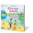 „Eliot und Isabella und das geheimnisvolle Ungeheuer“ Hörbuch. Zwei Ratten am Fluss, Ungeheuer im Schilf. Logo: argon hörbuch.