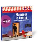 "Wolfram Koch liest", "Monsieur le Comte und die Kunst der Entführung". Illustration mit Tisch, Stühlen und geöffneter Tür.