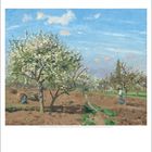 Kalenderblatt Januar. Impressionistisches Gemälde von blühenden Obstbäumen, zwei Menschen arbeiten im Feld.