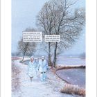 Zwei Sprechblasen: "Kein Politbarometer... stress mich!" und "... könnte mir ein Taxi nehmen...". Zwei Frauen in Winterkleidung am Fluss.