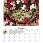 "Januar" mit Kalendertagen, Mandeln in Blütenkorb, Wochenbeginn Montag, Notizen: Mandelbaumtext, Neujahr am 1., Heilige Drei Könige am 6.