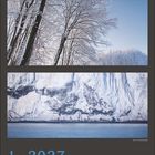 1 · 2027, mo bis so, 4-31. Oberhalb drei winterliche Naturfotos: schneebedeckte Berge, vereiste Bäume, verschneite Klippen.